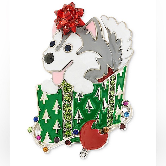 HOLIDAY PUPPY PIN *NEW! *GLASS *EPOXY *JEWELED *MACY’S *NICKEL-FREE *XMAS *CUTE - Picture 1 of 9